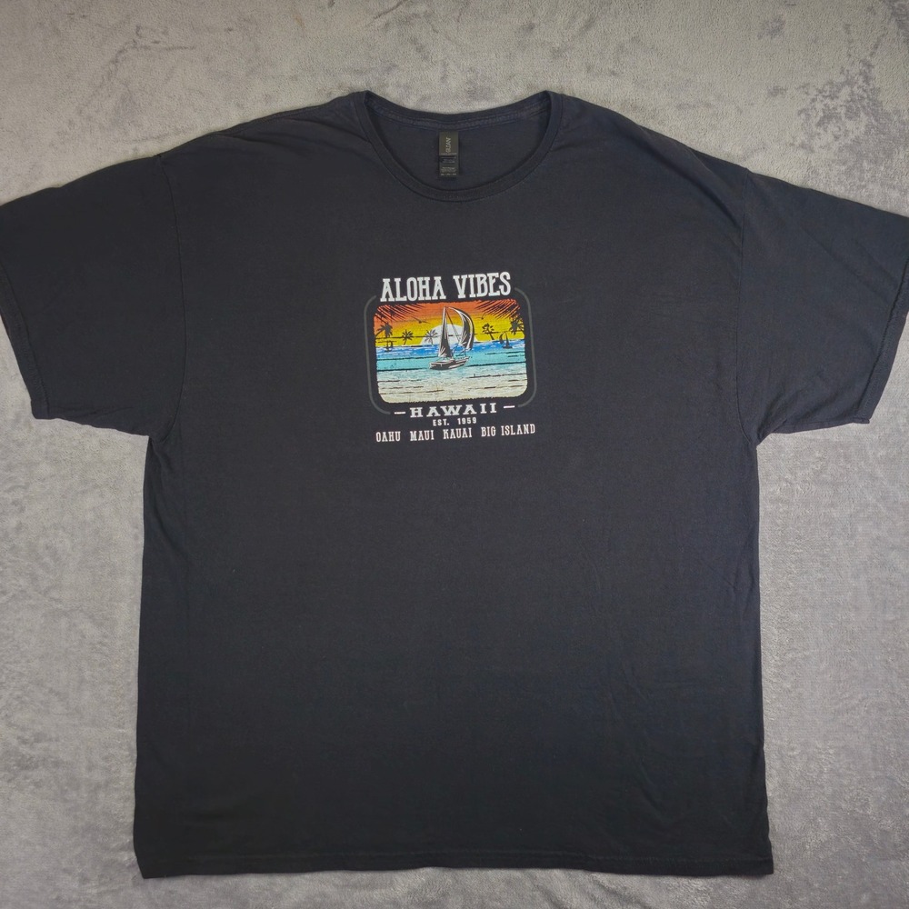 Gildan T-Shirt Mens 2XL Black Aloha Vibes Hawaii Tropical Graphic Short Sleeve